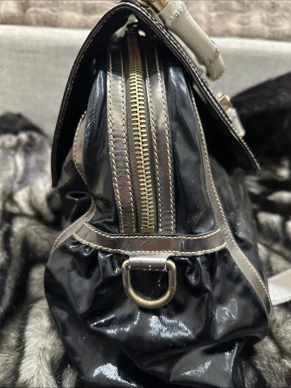 GUCCI metallic Silver and Black Top-Handle GUCCI bamboo LARGE purse